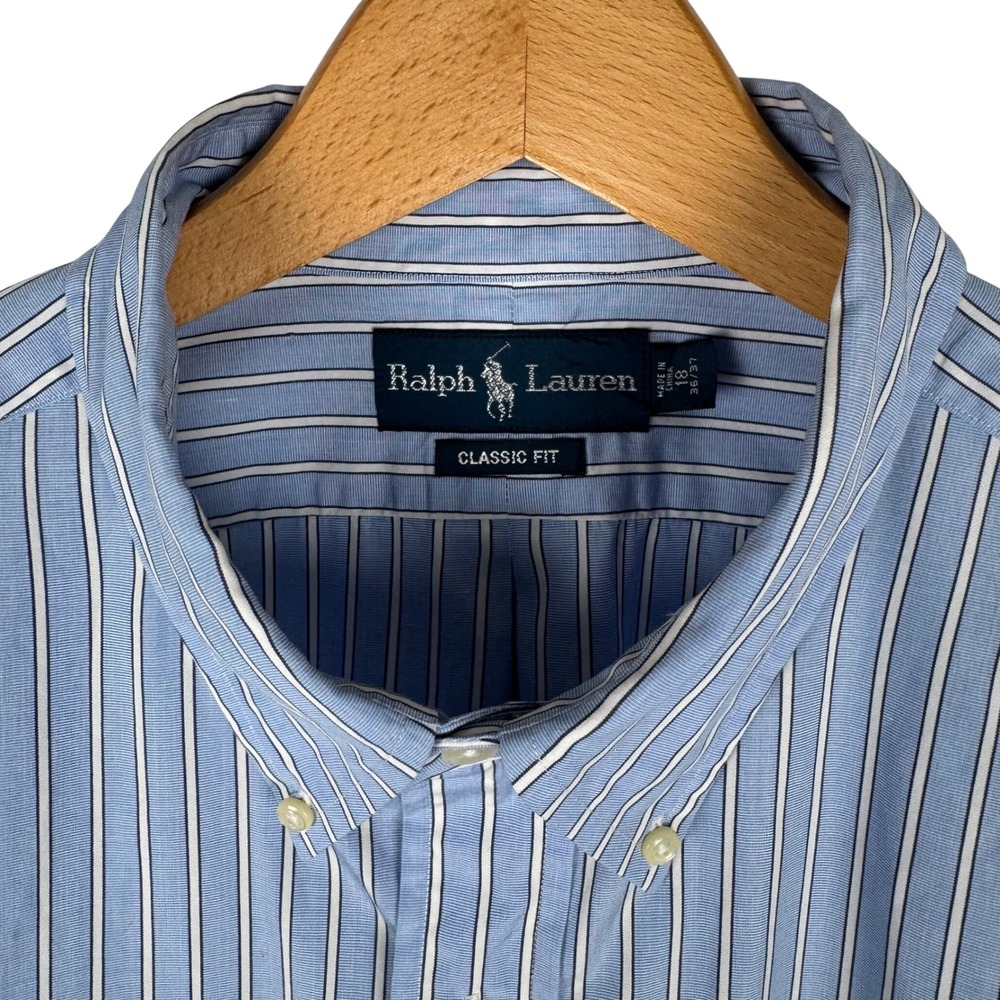 Ralph Lauren Striped Classic Fit Button Down Shirt Mens 18 36/37 Blue White Logo